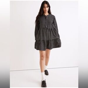 Madewell Flannel Button Placket Tiered Mini Dress In Windowpane